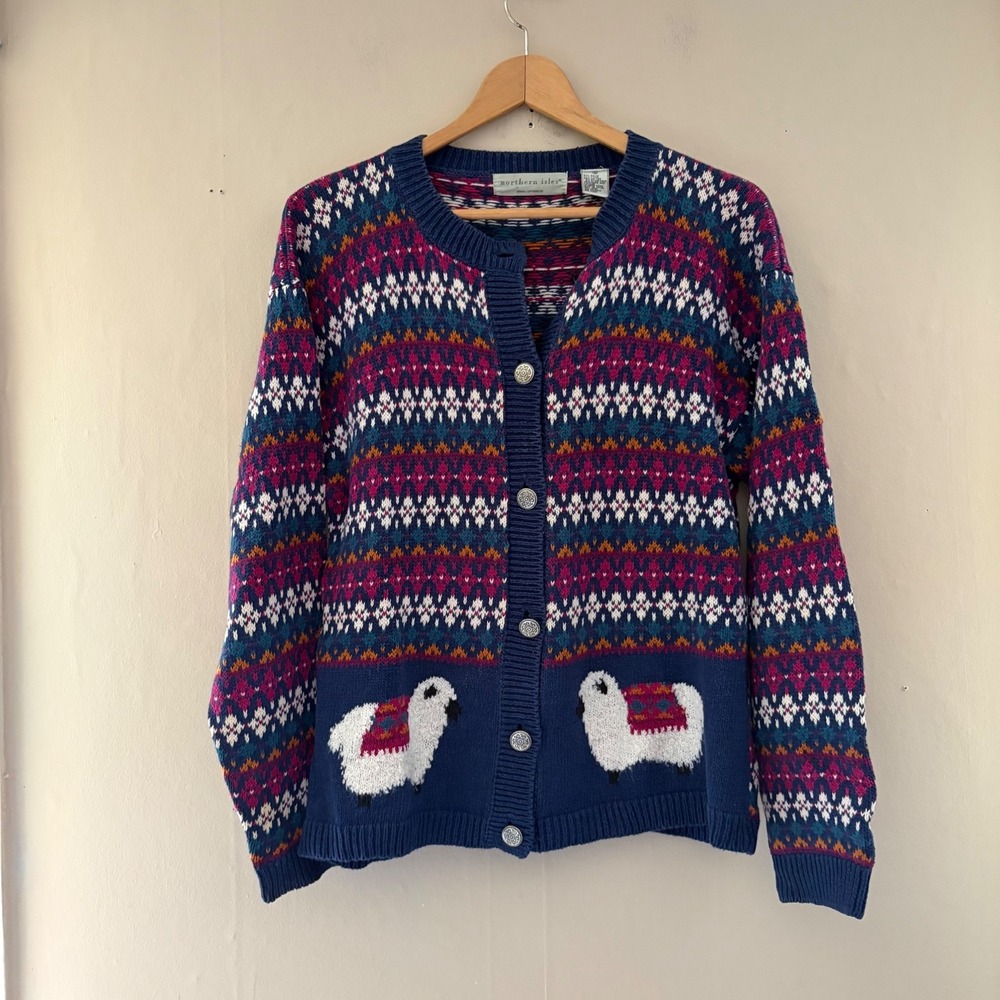 VTG Northern Isles Womens Fair Isle Sheep Cardigan Sweater Size M Folk Whimsy